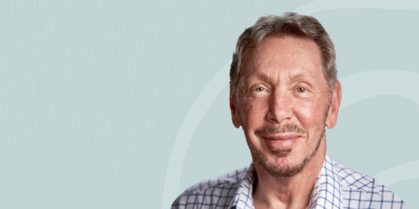 A portrait of Larry Ellison, co-founder and former CEO of Oracle Corporation, with text overlay: "Larry Ellison's Biography: Tale of Victory of Oracle Co-Founder"