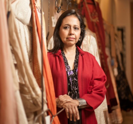 Anju Modi, the celebrated Indian costume designer, showcasing her iconic couture creations inspired by history and craftsmanship.