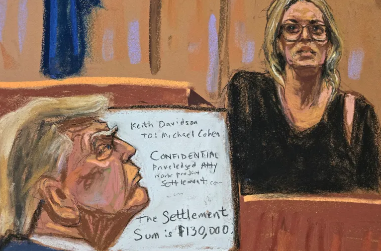A courtroom sketch of former US President Donald Trump watching as Stormy Daniels testifies during his criminal trial in New York City on May 7
