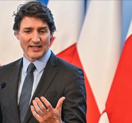 Canadian Prime Minister Justin Trudeau speaking at a press conference