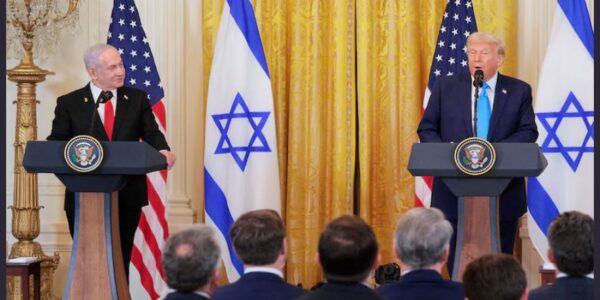 Donald Trump and Israeli Prime Minister Netanyahu addressing the press about Gaza takeover proposals.