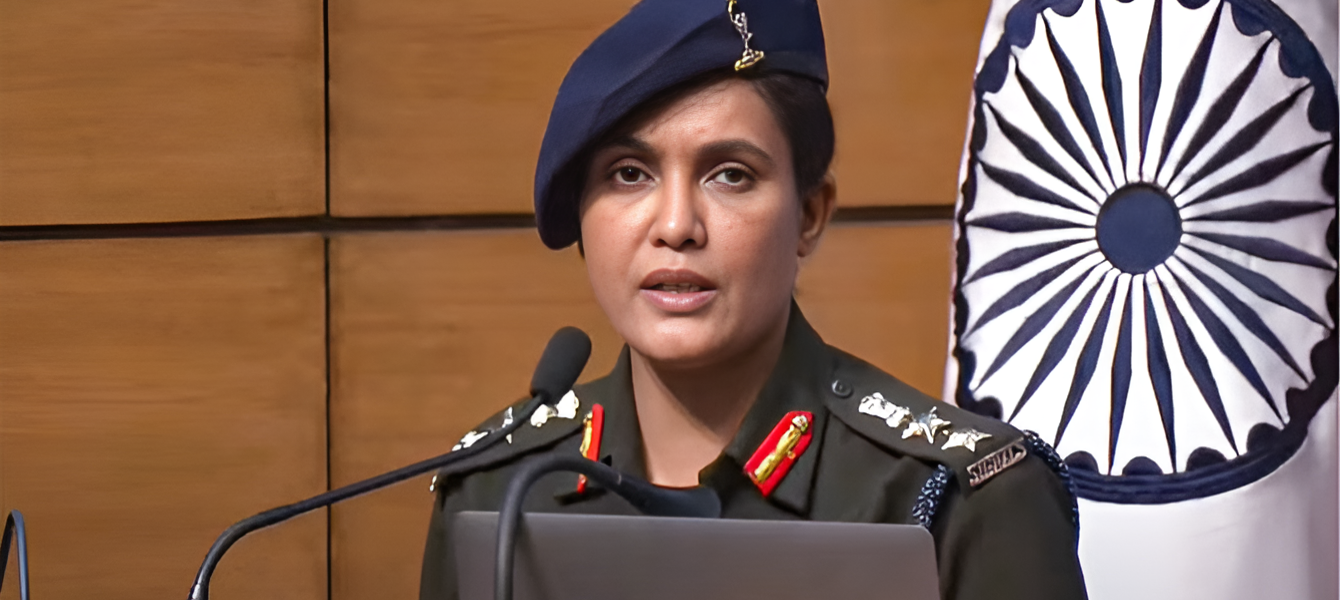 Colonel Sophia Qureshi addressing the media during the Operation Sindoor briefing in New Delhi, May 2025, showcasing her leadership as a trailblazing officer in the Indian Army.