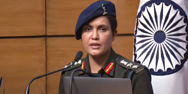 Colonel Sophia Qureshi addressing the media during the Operation Sindoor briefing in New Delhi, May 2025, showcasing her leadership as a trailblazing officer in the Indian Army.