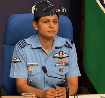 Wing Commander Vyomika Singh addressing the media during the Operation Sindoor briefing in New Delhi, May 2025, exemplifying her leadership as a distinguished Indian Air Force helicopter pilot.