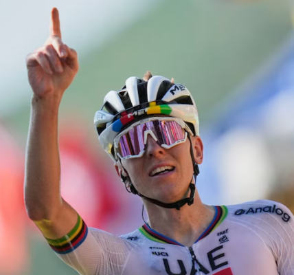 Tadej Pogacar climbs solo toward the Hautacam summit during Stage 12 of the 2025 Tour de France, leaving Jonas Vingegaard behind under the Pyrenean sun.