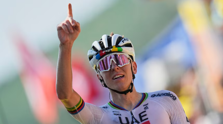 Tadej Pogacar climbs solo toward the Hautacam summit during Stage 12 of the 2025 Tour de France, leaving Jonas Vingegaard behind under the Pyrenean sun.