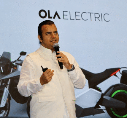 Ola founder Bhavish Aggarwal speaking at a technology event in India
