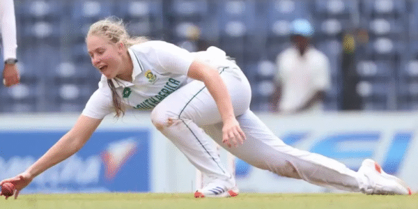 Annerie Dercksen celebrating during a match, representing the new generation of South African women’s cricket talent.