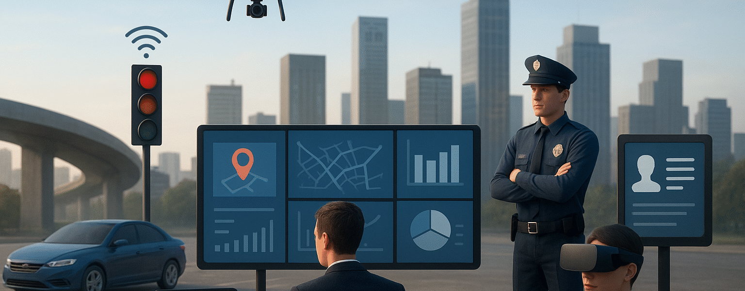 3D realistic illustration of a smart city control center with data dashboards, a drone, a police officer and a person using virtual reality for training in an urban environment.
