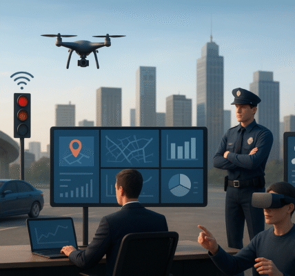 3D realistic illustration of a smart city control center with data dashboards, a drone, a police officer and a person using virtual reality for training in an urban environment.