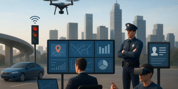 3D realistic illustration of a smart city control center with data dashboards, a drone, a police officer and a person using virtual reality for training in an urban environment.