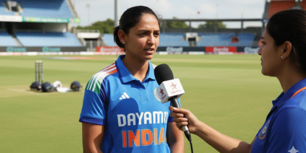 Harmanpreet Kaur, captain of the Indian women’s cricket team, celebrating India’s historic Women’s World Cup victory. Her leadership has redefined women’s cricket in India.