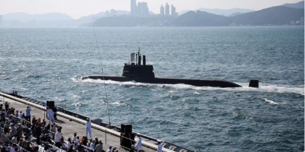 South Korean submarine crew salutes during Navy’s 80th anniversary review