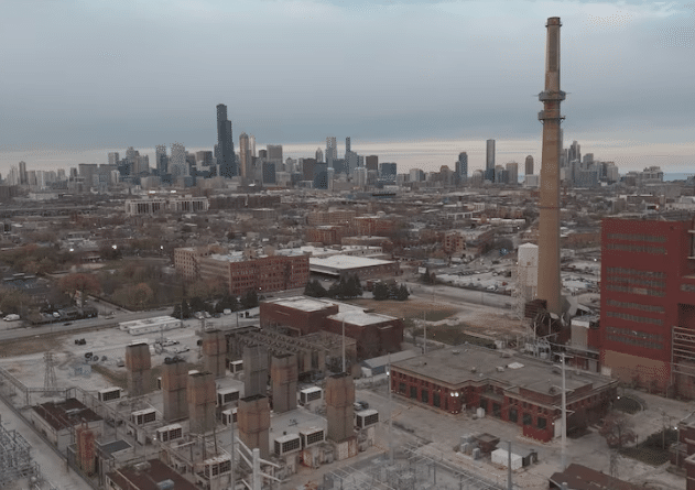 A drone view shows the former Fisk Coal Station in Chicago, Illinois, now operating as a peaker power facility as U.S. power grids face rising electricity demand from data centers.
