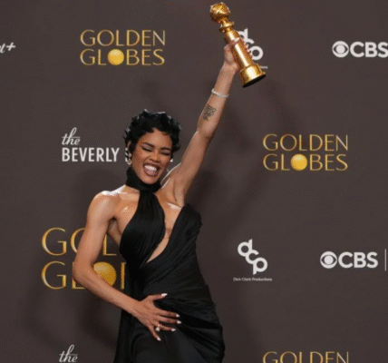 Teyana Taylor poses with the award for best performance by a female actor in a supporting role in any motion picture for “One Battle After Another” at the 2026 Golden Globes.