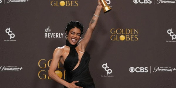 Teyana Taylor poses with the award for best performance by a female actor in a supporting role in any motion picture for “One Battle After Another” at the 2026 Golden Globes.