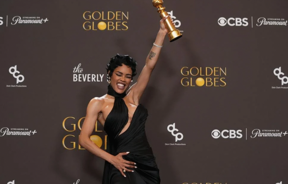 Teyana Taylor poses with the award for best performance by a female actor in a supporting role in any motion picture for “One Battle After Another” at the 2026 Golden Globes.
