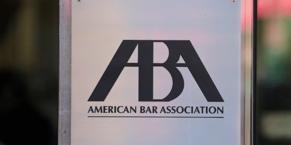 Signage stands outside the headquarters of the American Bar Association in Washington.