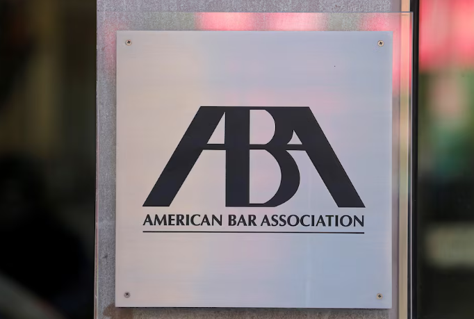 Signage stands outside the headquarters of the American Bar Association in Washington.