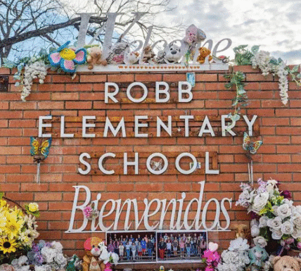 A memorial outside Robb Elementary School in Uvalde honors the victims of the 2022 mass shooting as a jury clears a police officer over his response to the attack.