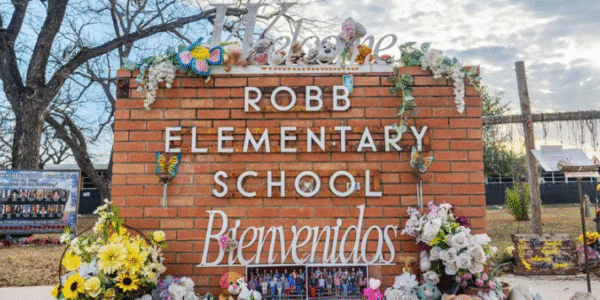 A memorial outside Robb Elementary School in Uvalde honors the victims of the 2022 mass shooting as a jury clears a police officer over his response to the attack.